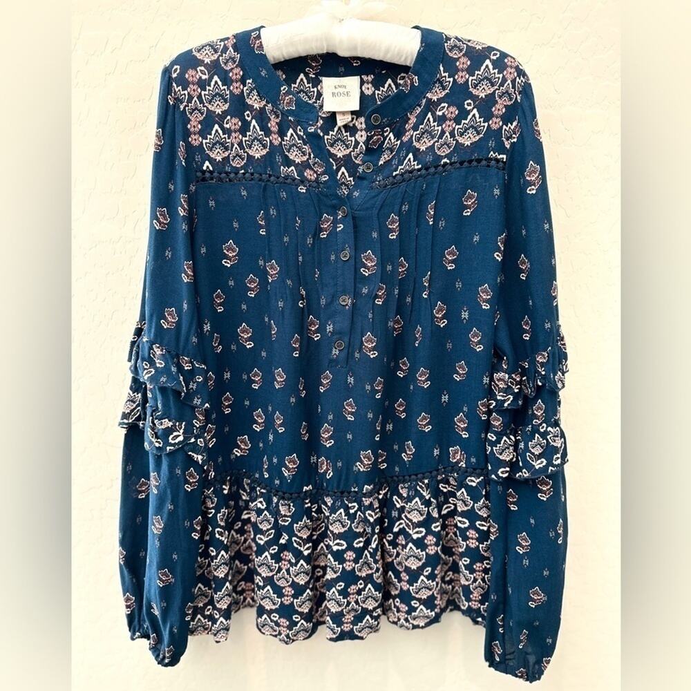 KNOX ROSE | Blue Boho Floral Peasant Blouse Long Sleeve Ruffle Hem | Size Small